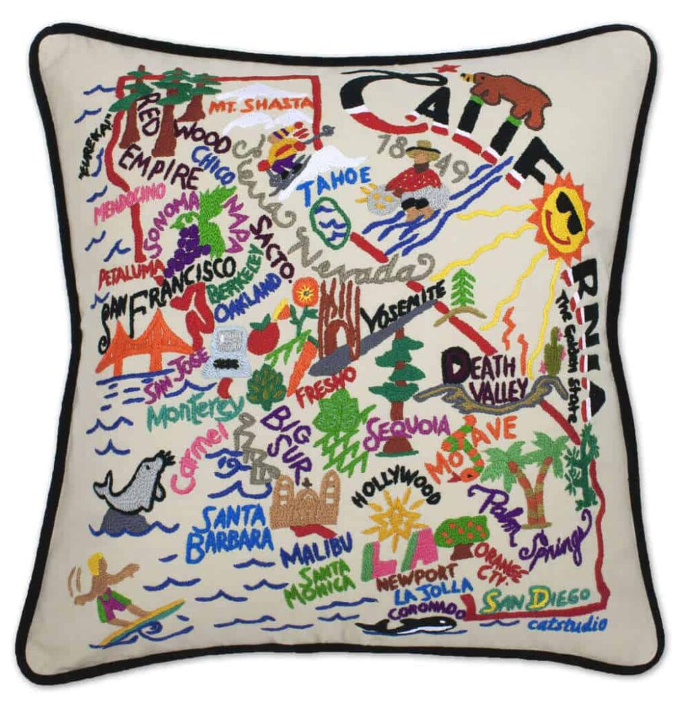 Catstudio Hand-Embroidered State Pillows travel gift guide