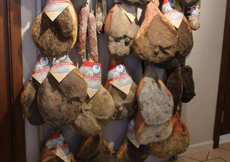 Dinner cured ham legs Citta della Pieve italy