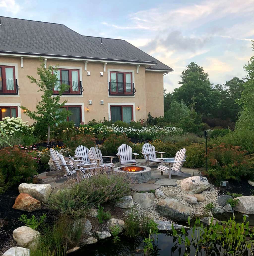 fire pit in garden mirbeau inn plymouth ma