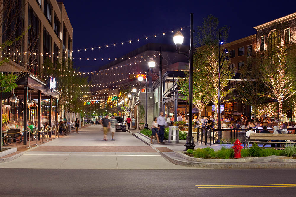 assembly row somerville at night with lights