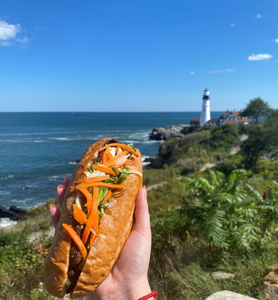 cape elizabeth lighthouse with bahn mi sandwich in maine