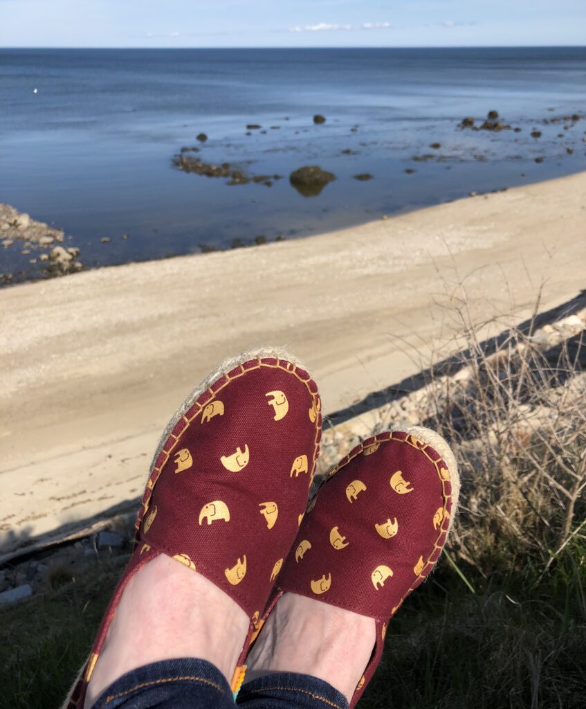 maroon shoes with gold elephants for packing and spring travel apparel